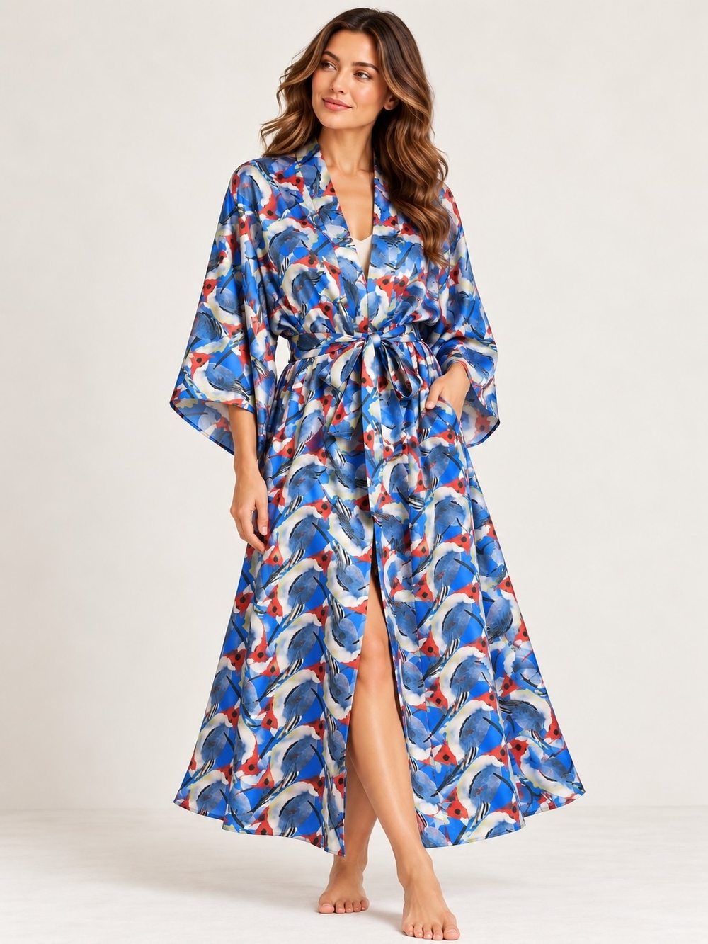 Vibrant Blue Bird Print Satin Maxi Robe with Waist Tie